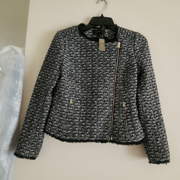 J.crew set woven Tweed Fringe Cropped Jacket/Blazer 4 & skirt 2 navy/off white - Picture 2 of 16